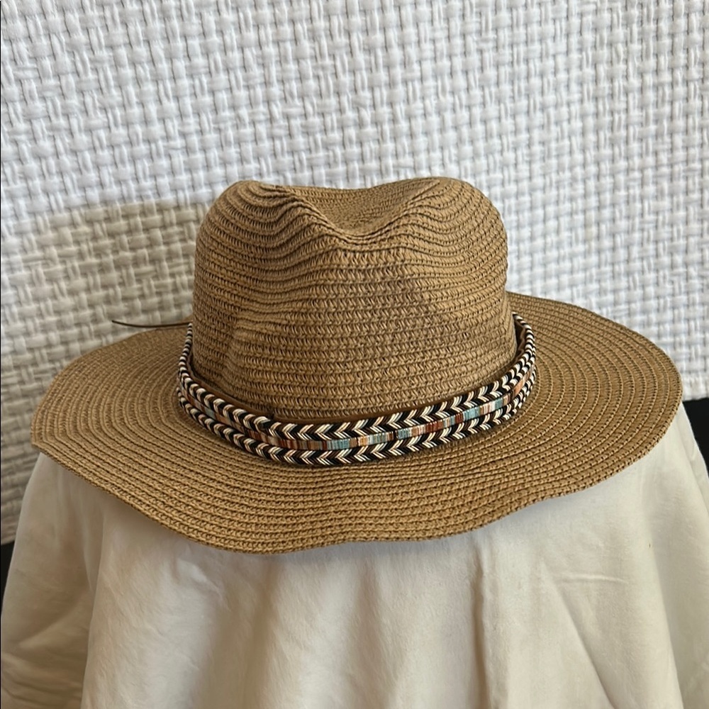 Lulla Collection Stylish Tan Woven Hat with Patterned Band